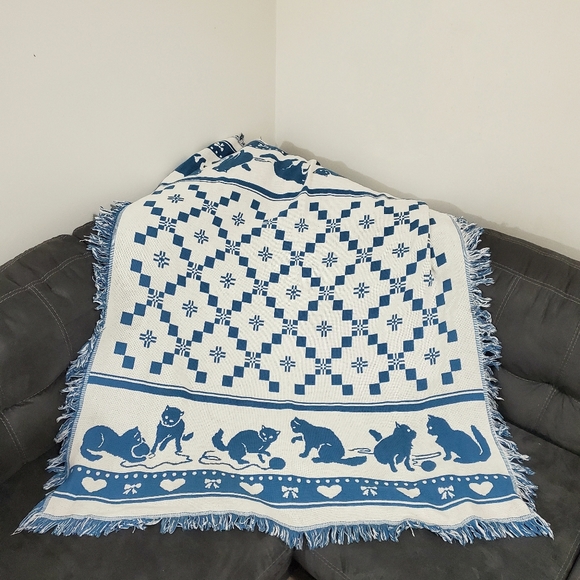 Vintage Other - Vintage Crown Crafts Playing Cats Throw Blanket Woven Cotton Fringe Blue Cream